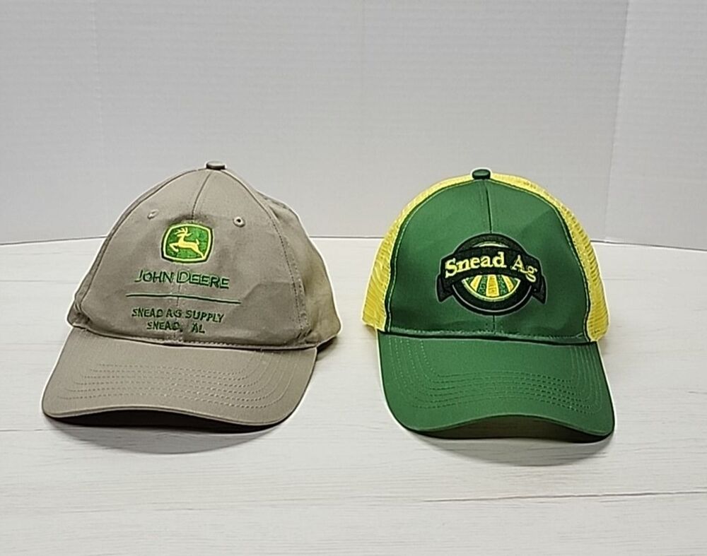 2 John Deere Snead Ag Supply Baseball Caps - Tan Snapback & Green/Yellow Trucker